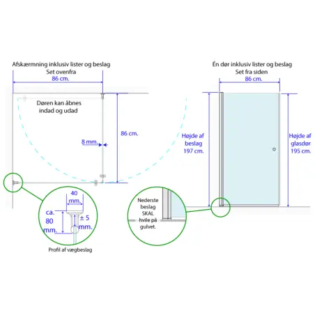 TopDesign Brusehjørne 8mm, frostet glas - 86x86x200cm - komplet sæt
