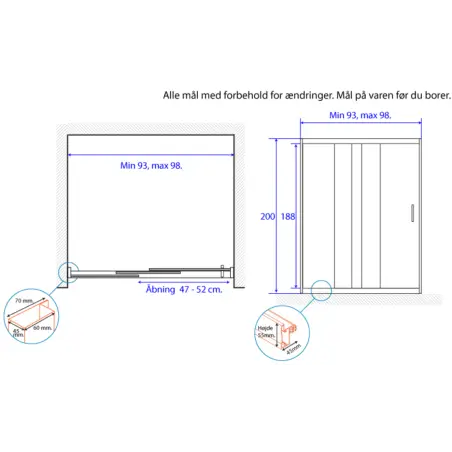TopDesign 3-delt skydedør 8mm, klar glas - 93-98 x 200cm - venstre model