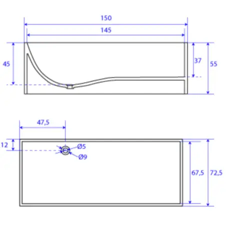 TopDesign fritstående firkantet stenbadekar 150 X 73 cm