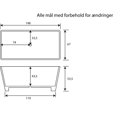 TopDesign fritstående firkantet stenbadekar 148 X 67 cm