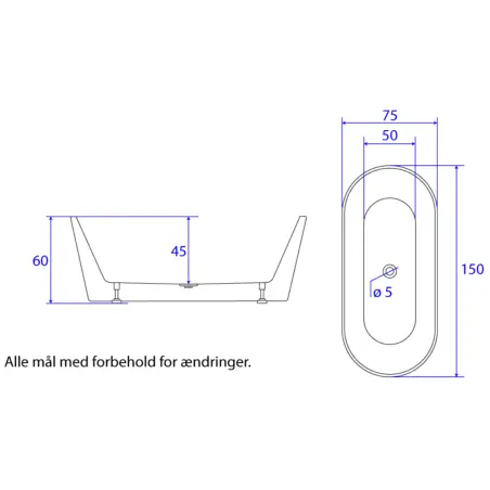 TopDesign fritstående ovalt badekar 150 X 75 cm
