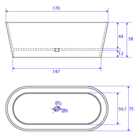 TopDesign fritstående ovalt stenbadekar 170 X 75 cm