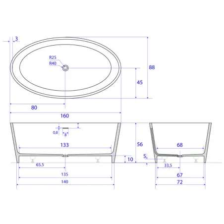 TopDesign fritstående ovalt stenbadekar 160 X 88 cm