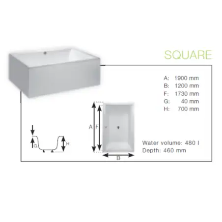 Danline Square, badekar - 190 x 120 cm