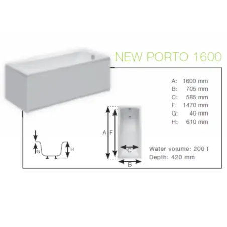 Danline New Porto badekar - 160 x 70 cm