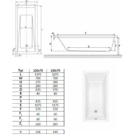 Danline Mini badekar - 130 x 70 cm