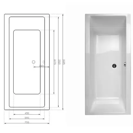 Danline Copenhagen rektangulært badekar - 160 x 75 cm