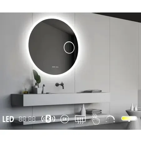 Nordic Bad Sandra 7 rundt LED-spejl, m/antidug, kosmetik og højtaler, Ø90 cm