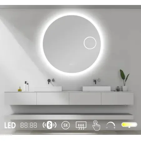 Nordic Bad Sandra 7 rundt LED-spejl, m/antidug, kosmetik og højtaler, Ø90 cm