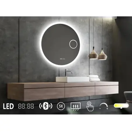 Nordic Bad Sandra 7 rundt LED-spejl, m/antidug, kosmetik og højtaler, Ø90 cm