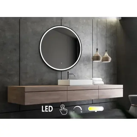 Nordic Bad Janni 2 LED-spejl, m/sort ramme, touch knap, Ø110 cm