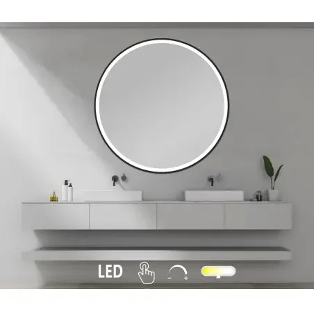 Nordic Bad Janni 2 LED-spejl, m/sort ramme, touch knap, Ø110 cm