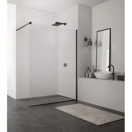 TopDesign Brusevæg i klar 8mm nano glas og sort profil - 110 x 200 cm
