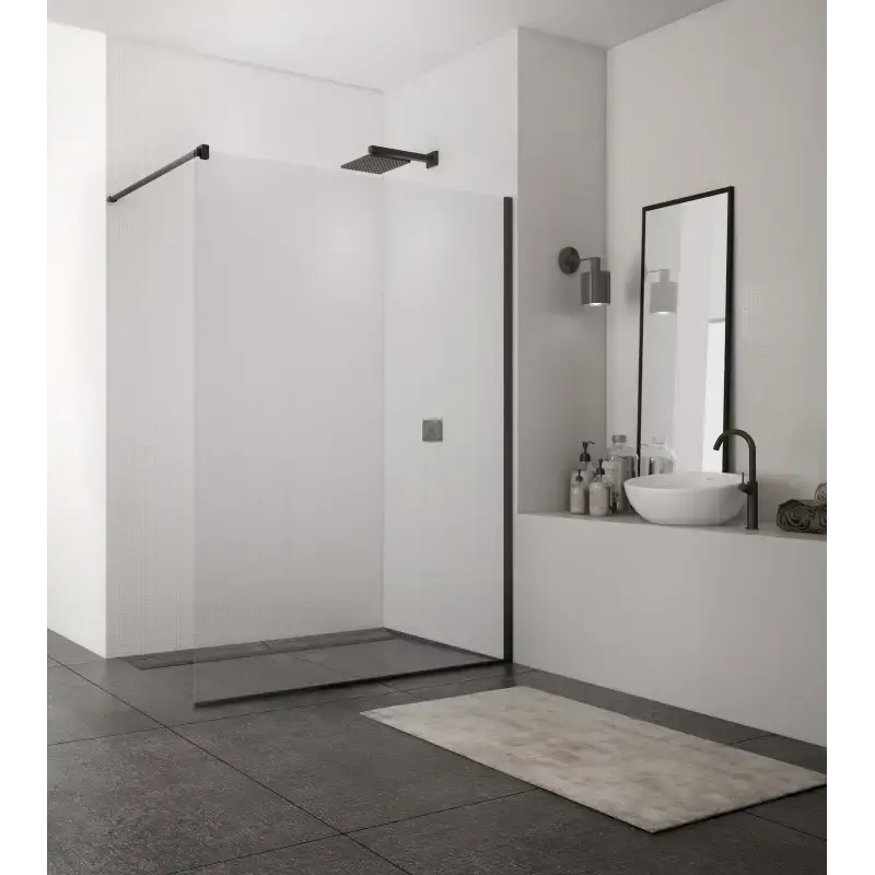 TopDesign Brusevæg i klar 8mm nano glas og sort profil - 80 x 200 cm