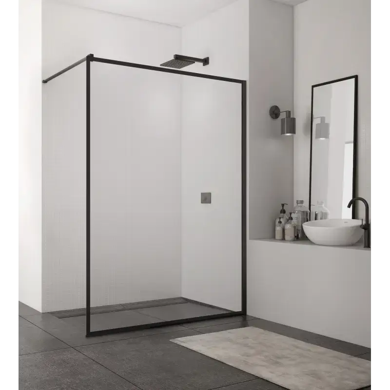 TopDesign Brusevæg i klar 8mm nano glas og sort rammeprofil - 80 x 200 cm