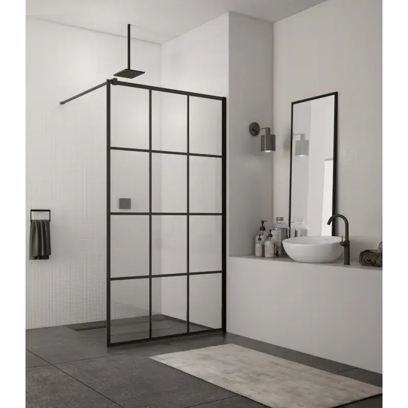 TopDesign Brusevæg i klar 8mm nano glas og sort New York profil - 90 x 200 cm