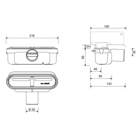 Unidrain Udløbshus lav model, Ø50 mm, m/vandlås, indbygningshøjde 69mm