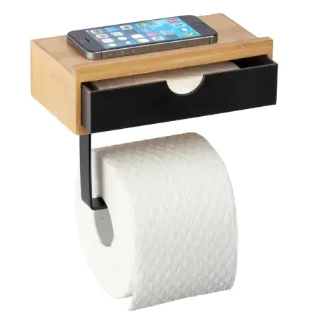 Wenko Bambusa toiletrulleholder med hylde, bambus med sort finish