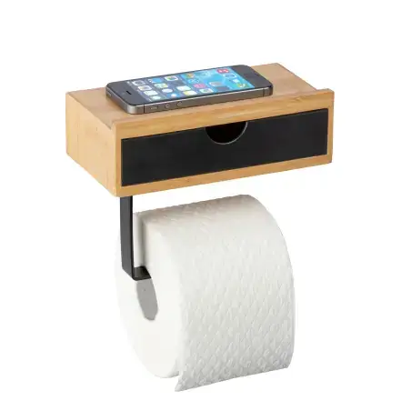 Wenko Bambusa toiletrulleholder med hylde, bambus med sort finish