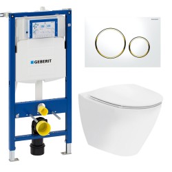 Toiletpakke m/Geberit cisterne, Ifø Spira toilet m/sæde, og hvid/guld trykplade