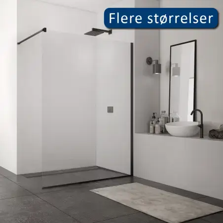 TopDesign Brusevæg i klar 8mm nano glas og sort profil - 80 x 200 cm