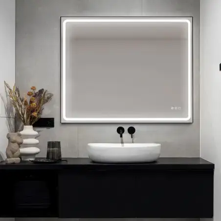 Mirall Shining 3, LED spejl med lys og sort ramme, justerbar lysstyrke, 100 x 80 cm
