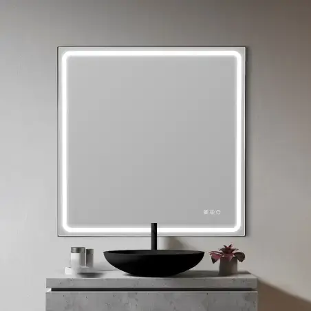 Mirall Shining 3, LED spejl med lys og sort ramme, justerbar lysstyrke, 80 x 80 cm