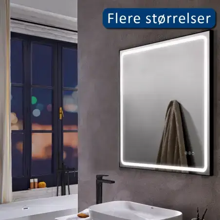Mirall Shining 3, LED spejl med lys og sort ramme, justerbar lysstyrke, 60 x 80 cm