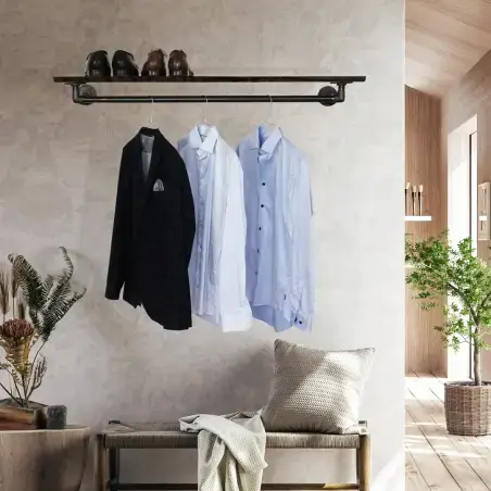 Simple Racks Malmø, bøjlestang med hylde i sort gevindrør, 120 x 40 cm