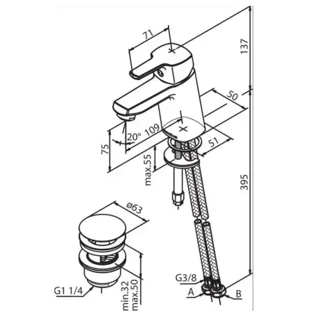 Damixa Pine håndvaskarmatur, medium, med push open bundventil - krom