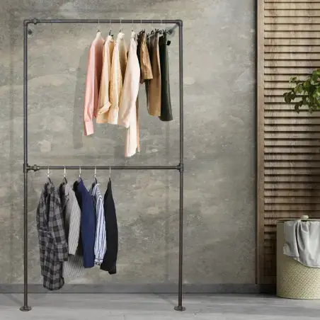 Simple Racks Harlem, væghængt tøjstativ i sort gevindrør, 210 x 120 cm
