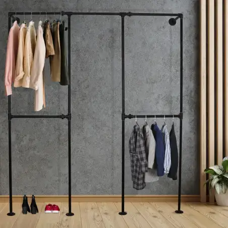 Simple Racks Manhatten, væghængt tøjstativ i sort gevindrør, 210 x 185 cm