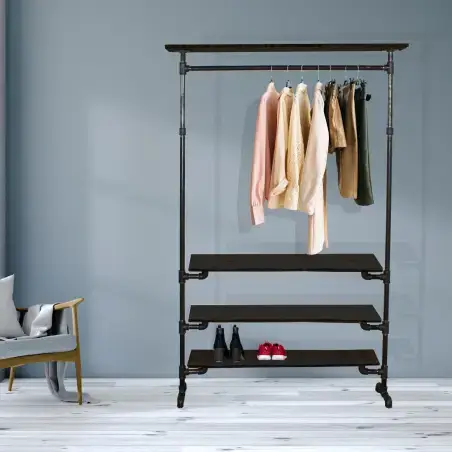 Simple Racks Copenhagen, tøjstativ m/4 hylder i sort gevindrør, 210 x 70 cm