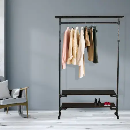 Simple Racks Copenhagen, tøjstativ m/3 hylder i sort gevindrør, 210 x 120 cm