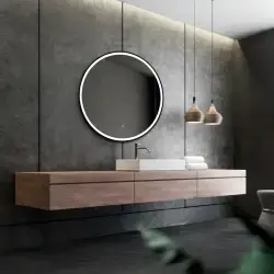 Nordic Bad Janni 2 LED-spejl, m/sort ramme, touch knap, Ø80 cm