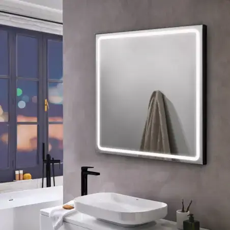 Mirall Shining 1, LED spejl med lys og sort ramme, 80 x 80 cm