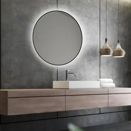 Nordic Bad Olivia 1, rundt LED-spejl med sort ramme, Ø90 cm