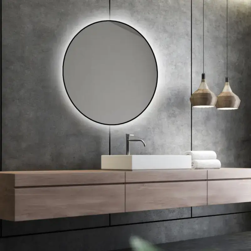 Nordic Bad Olivia 1, rundt LED-spejl med sort ramme, Ø60 cm