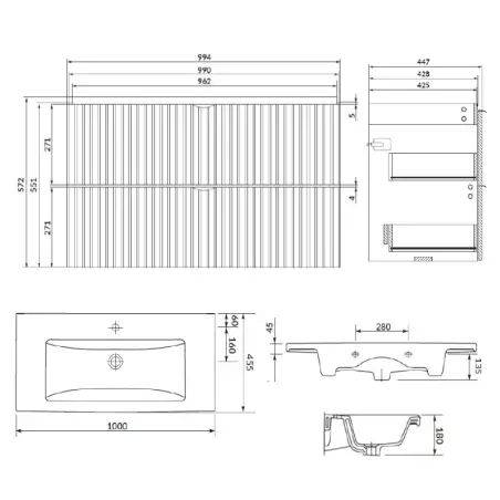 Mirall Vertica møbelpakke 100x45,5 cm, m/skuffer, Mat hvid, valgfrit greb