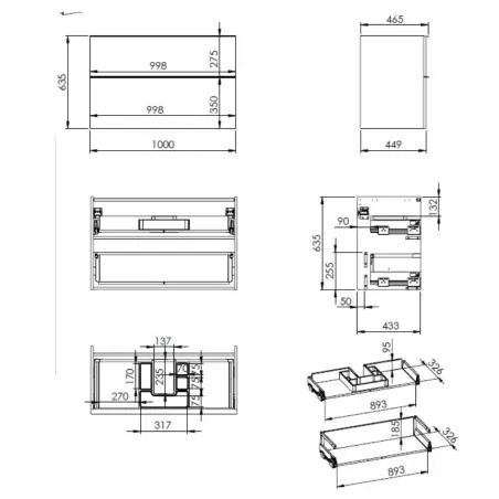 Mirall Hue 3 møbelpakke 100x45 cm, med skuffer, valgfrit greb, Fjordgrøn