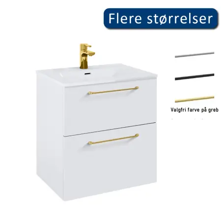 Mirall Hue 3 møbelpakke 60x45 cm, med skuffer, valgfrit greb, Mat hvid