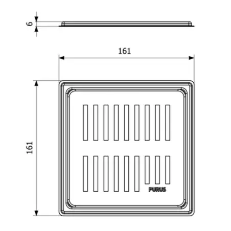 Purus Square Rib afløbsrist, rist med ramme, 161x161 mm, kobber